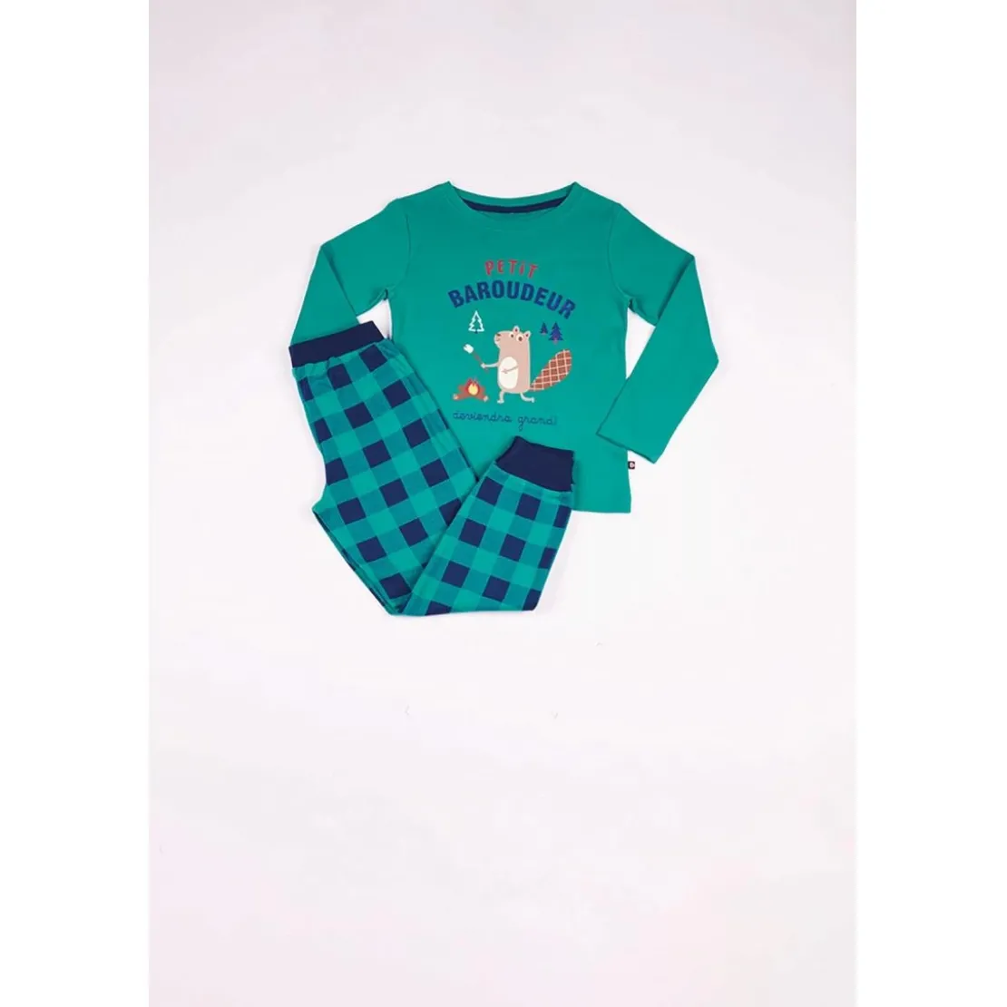 Mon P'tit DodoPyjama Long Garçon en Coton - Vert Imprimé / Vert à Carreaux Bleu Marine