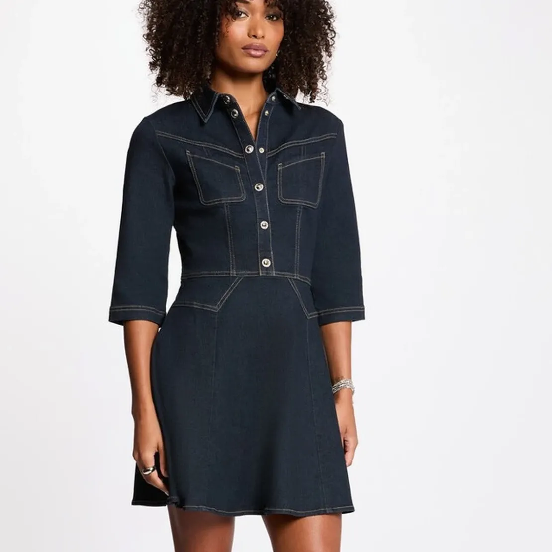 MorganRobe courte évasée denim bleu foncé en coton