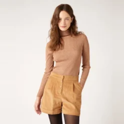Naf NafPull col roule maille fantaisie beige en viscose