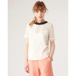 Naf NafTee shirt manches courtes col dentelle noir en viscose