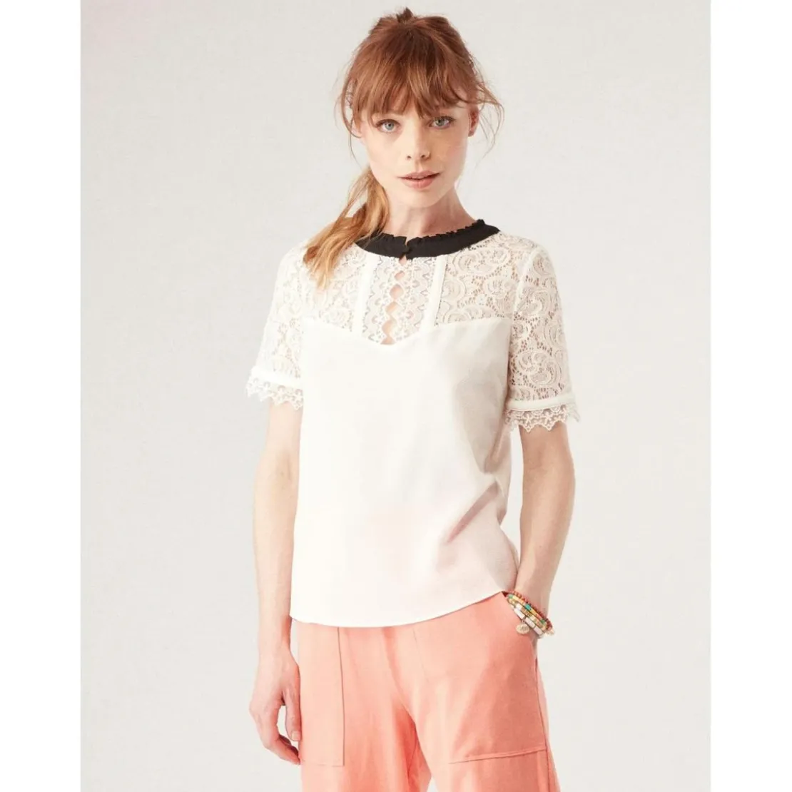 Naf NafTee shirt manches courtes col dentelle noir en viscose