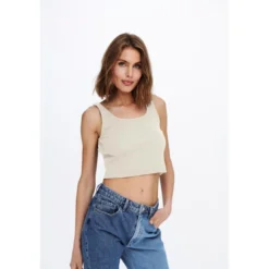 OnlyDébardeur Col rond Sans manches Court blanc beige en coton
