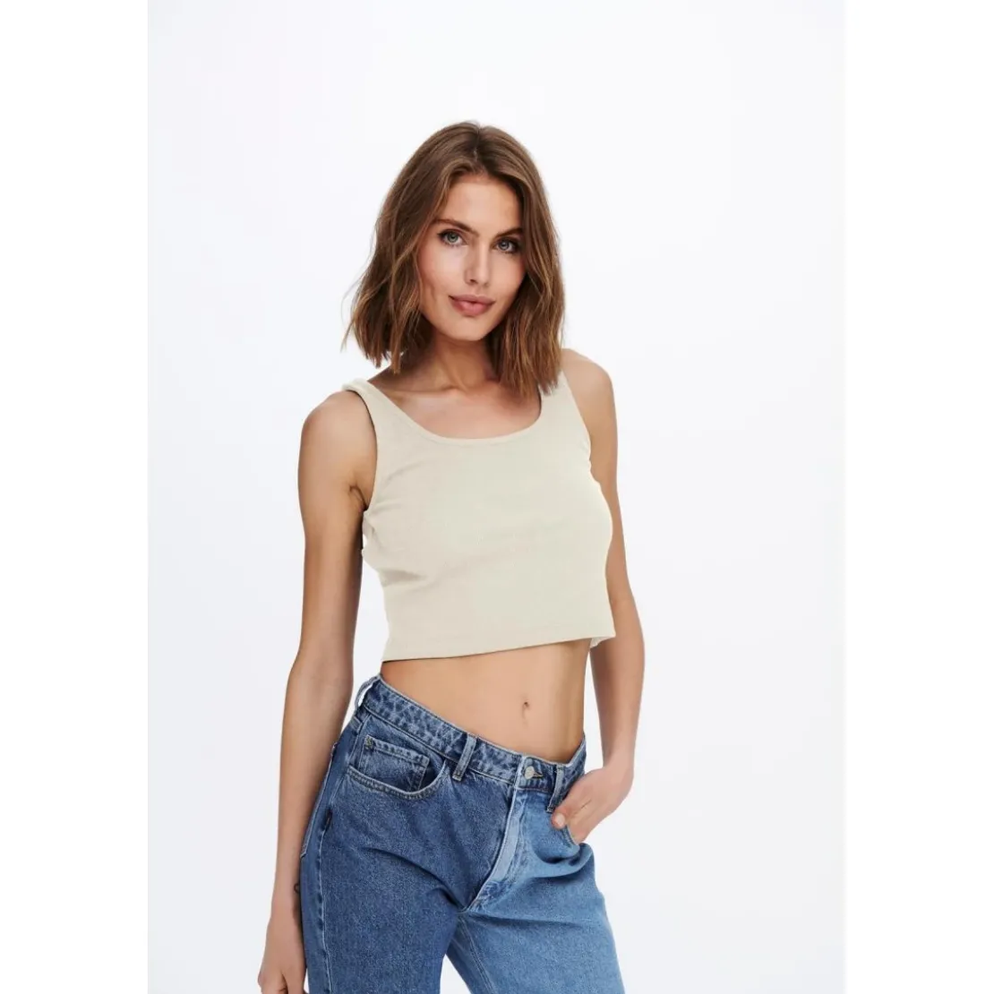 OnlyDébardeur Col rond Sans manches Court blanc beige en coton