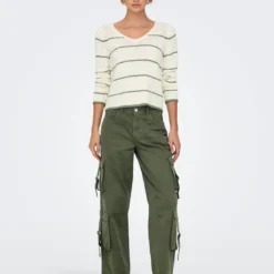 OnlyPull Col V Geenas - Blanc cassé/ Vert Olive Tess