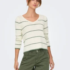OnlyPull Col V Geenas - Blanc cassé/ Vert Olive Tess