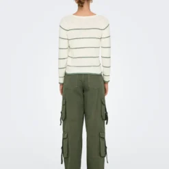 OnlyPull Col V Geenas - Blanc cassé/ Vert Olive Tess