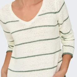 OnlyPull Col V Geenas - Blanc cassé/ Vert Olive Tess