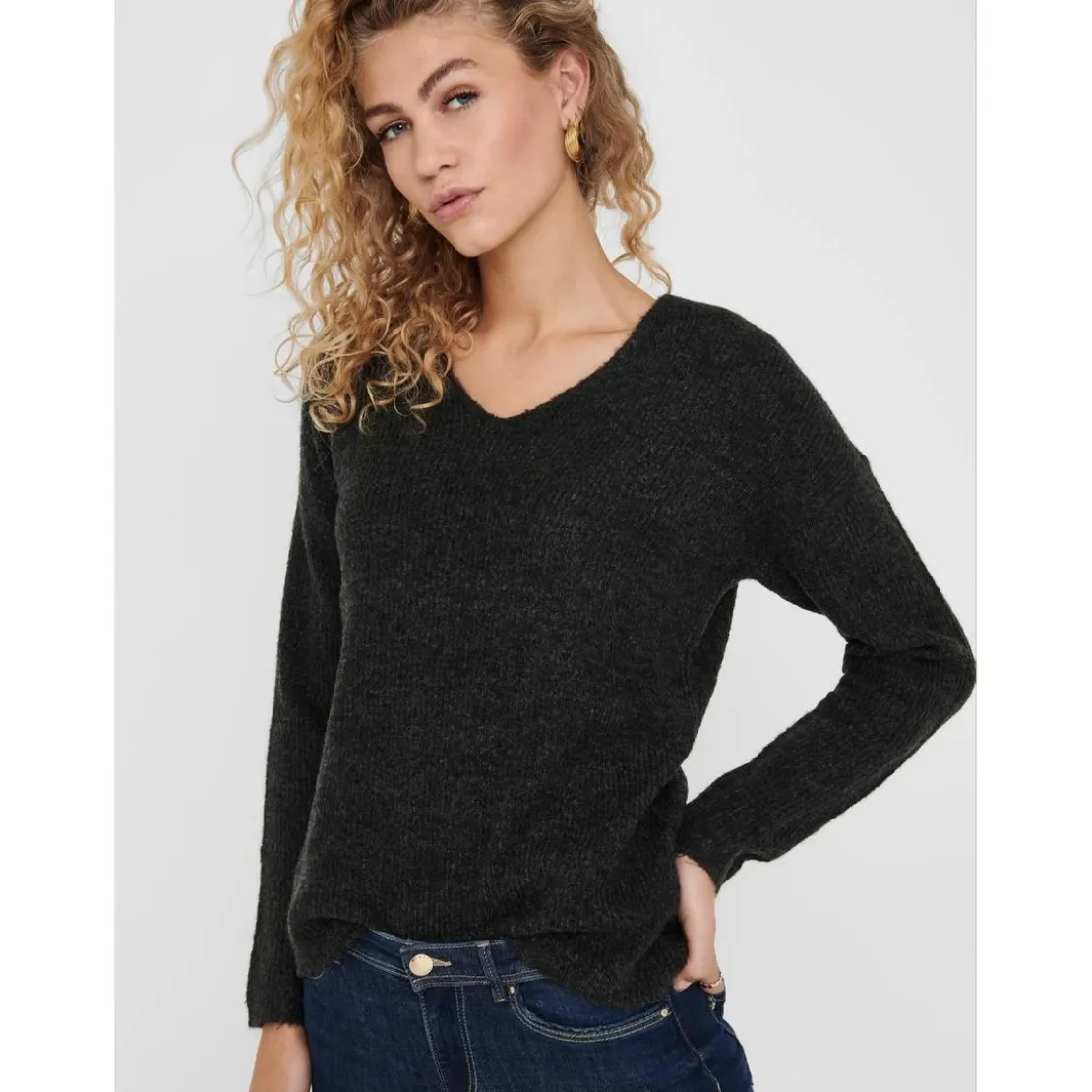 OnlyPull en maille Col en V Manches longues Poignets côtelés gris Luna