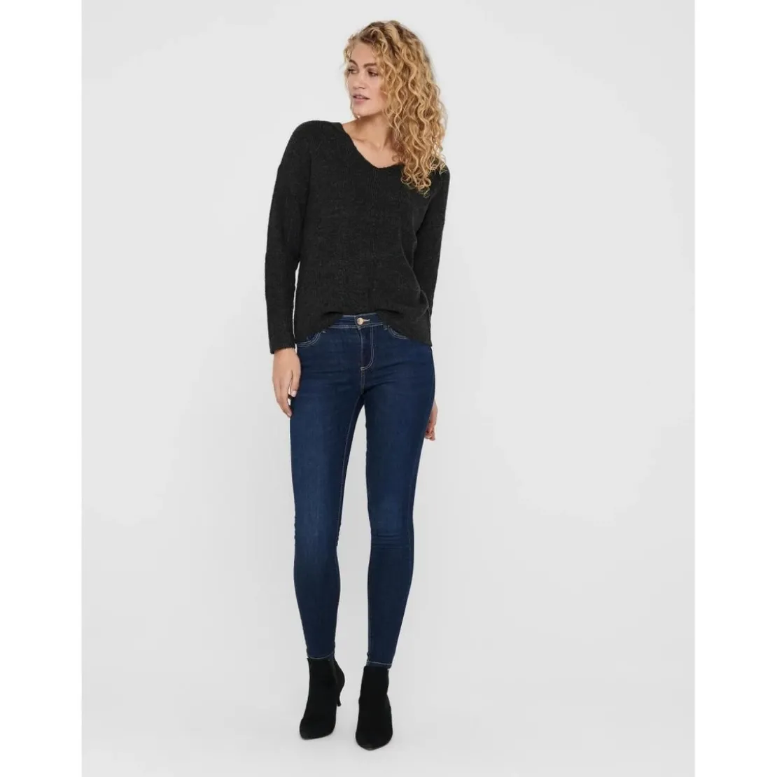 OnlyPull en maille Col en V Manches longues Poignets côtelés gris Luna