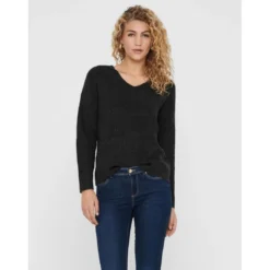 OnlyPull en maille Col en V Manches longues Poignets côtelés gris Luna