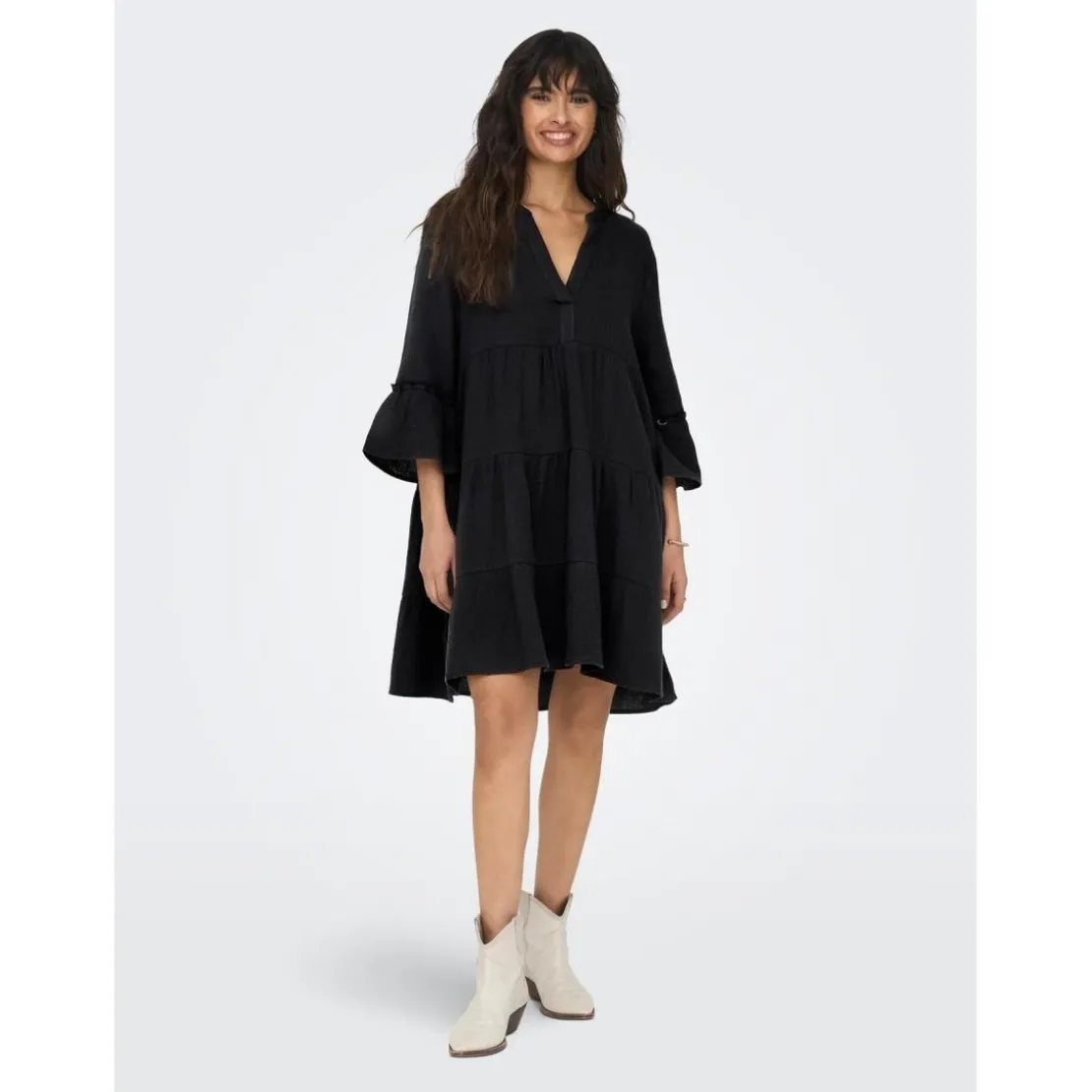 OnlyRobe courte Col fendu Manches 3/4 gris noir en coton
