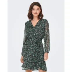 OnlyRobe courte Imprimé all over Col en V Manches 3/4 Ceinture accentuant la taille vert