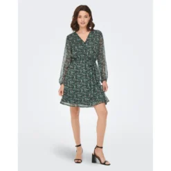 OnlyRobe courte Imprimé all over Col en V Manches 3/4 Ceinture accentuant la taille vert