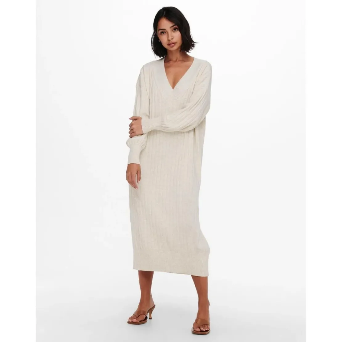 OnlyRobe en maille Col en V Manches longues Au-dessus du genou beige