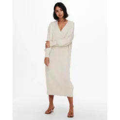OnlyRobe en maille Col en V Manches longues Au-dessus du genou beige