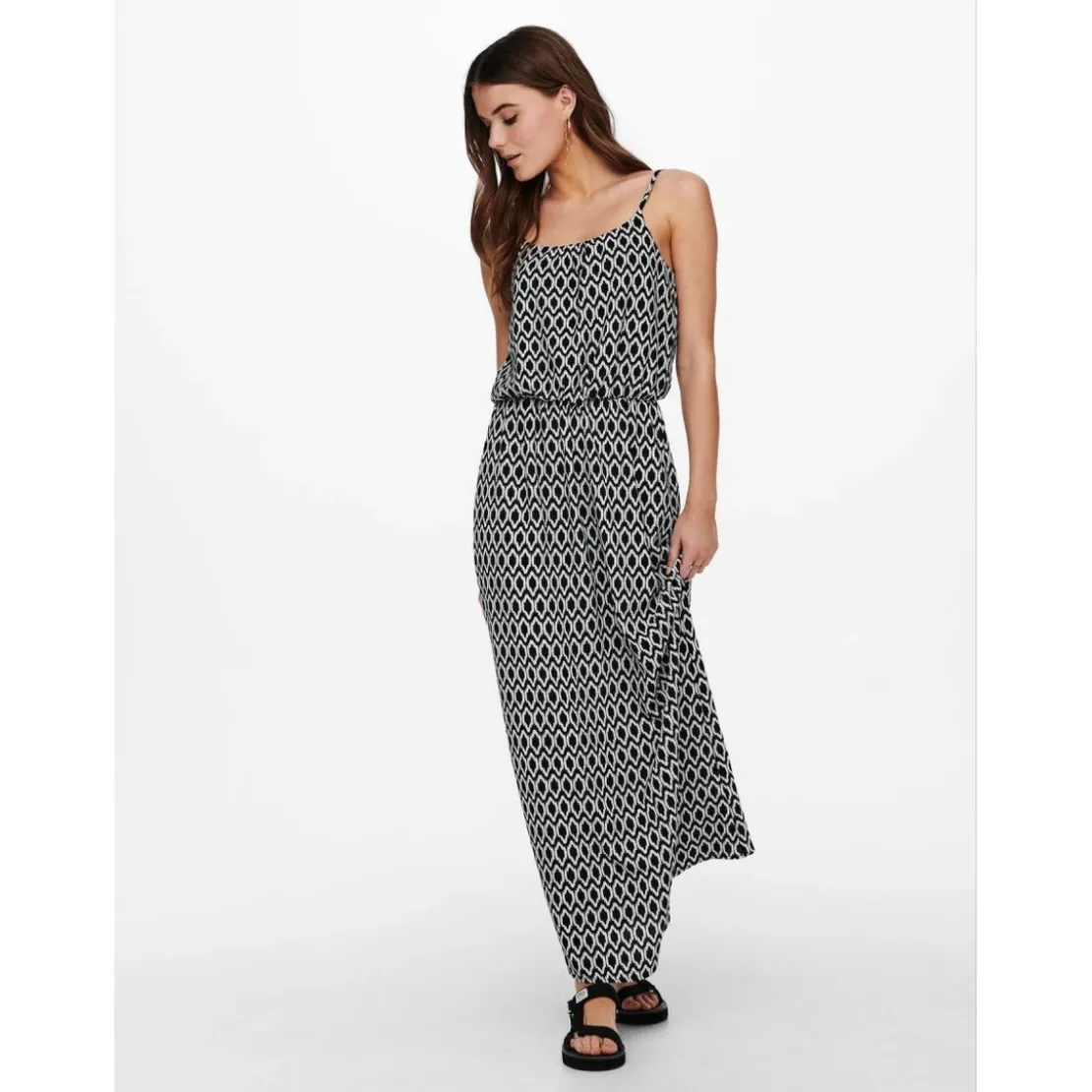 OnlyRobe longue Imprimé all over Col en U Sans manches Découpe à la taille Longueur maxi noir Ora