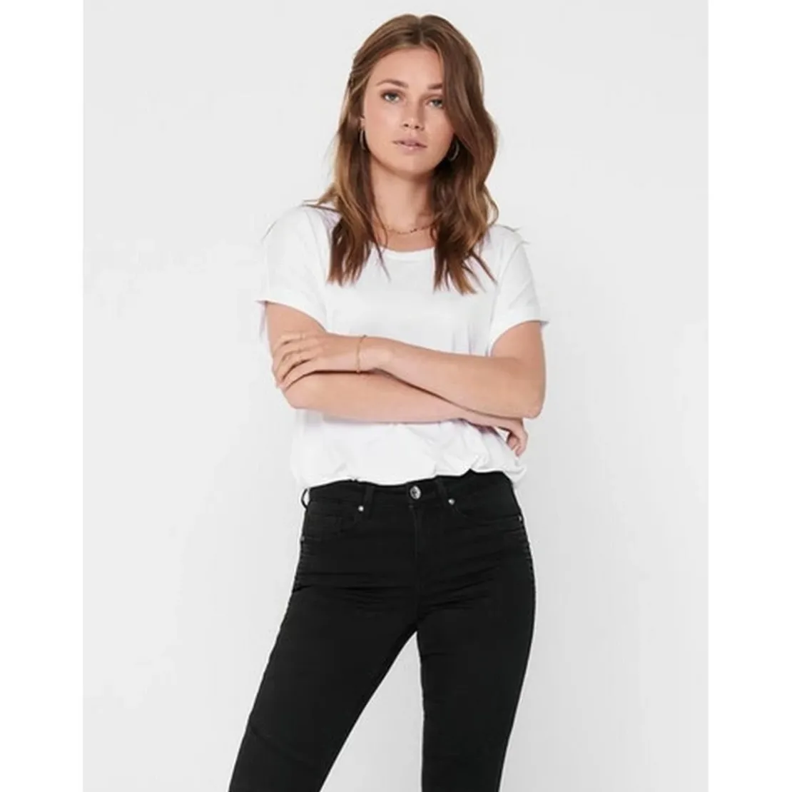 OnlyTop Col rond Manches courtes Poignets repliés blanc