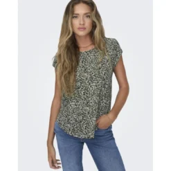 OnlyTop col rond manches courtes vert foncé Sofia
