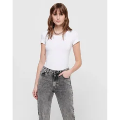 OnlyTop Col rond Manches courtes blanc en coton