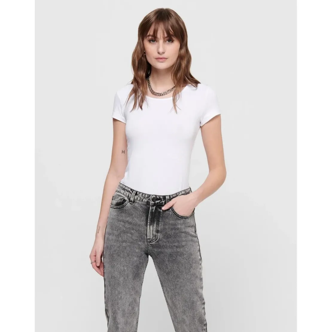 OnlyTop Col rond Manches courtes blanc en coton