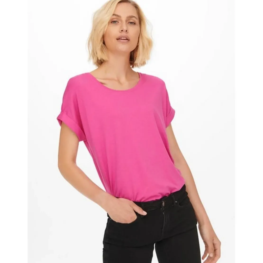 OnlyTop Col rond Manches courtes Poignets repliés rose