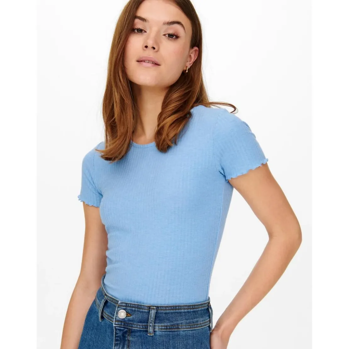 OnlyTop Col rond Manches courtes Court bleu