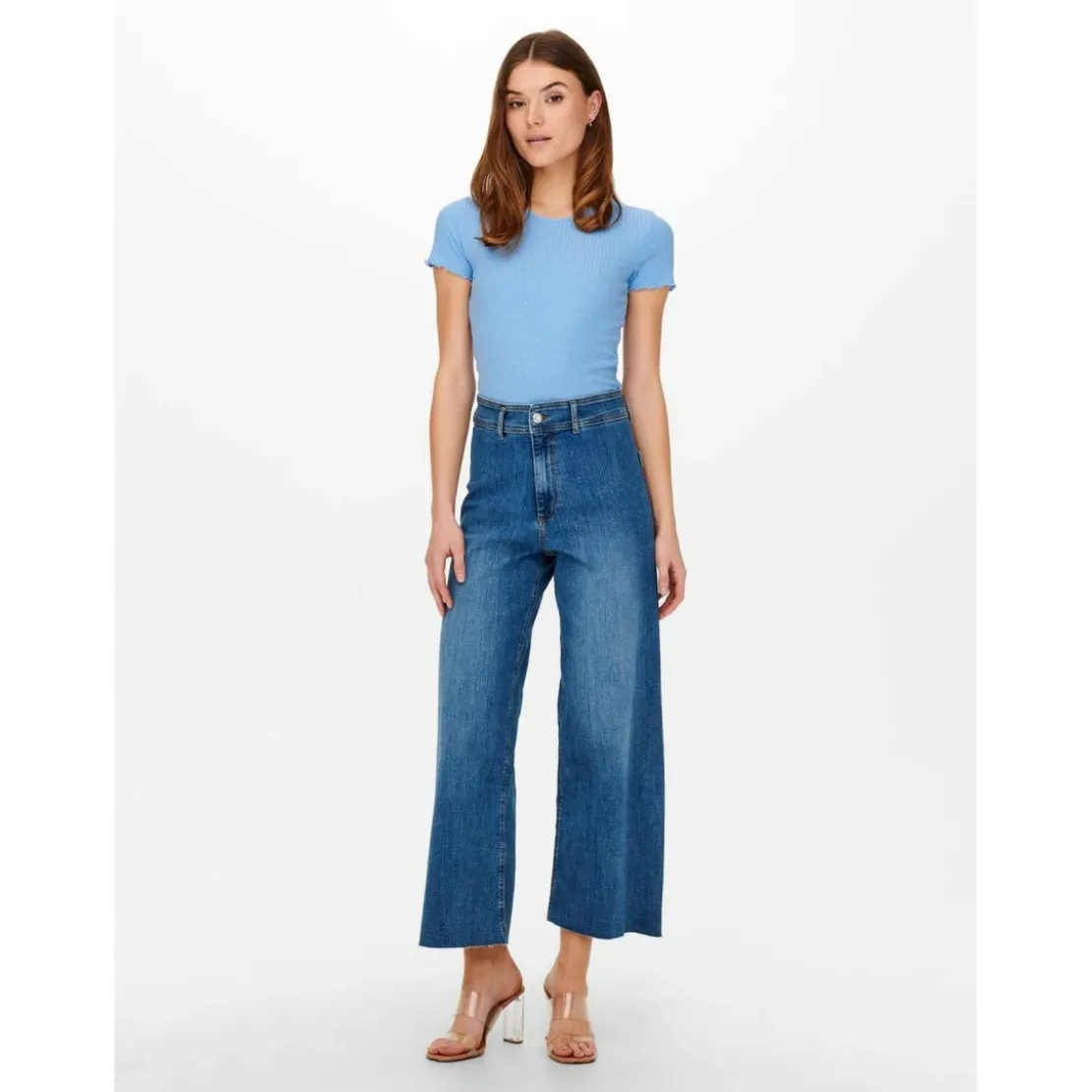 OnlyTop Col rond Manches courtes Court bleu