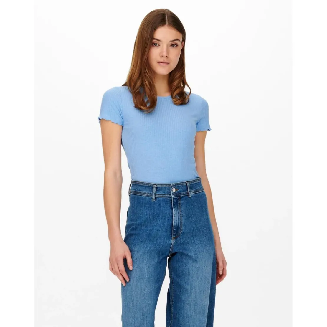 OnlyTop Col rond Manches courtes Court bleu