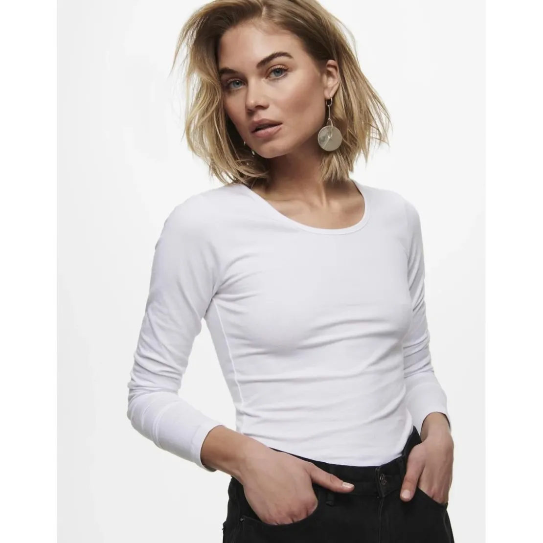 OnlyTop col rond manches longues blanc en coton Opal
