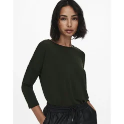 OnlyTop col rond manches 3/4 vert foncé Fleur