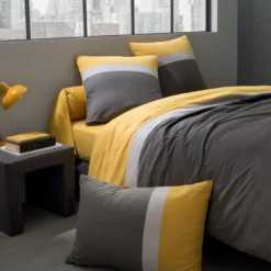 OriginTaie d'oreiller bicolore unie en coton, MELI MELO Gris zinc et curry