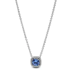 PandoraCollier avec Pendentif Halo Bleu Carré Scintillant