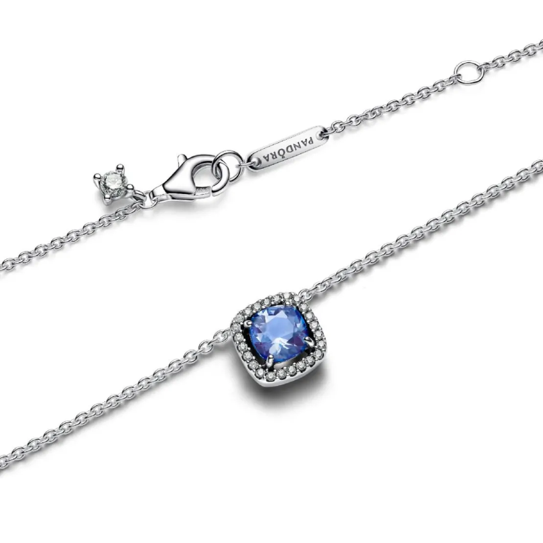 PandoraCollier avec Pendentif Halo Bleu Carré Scintillant