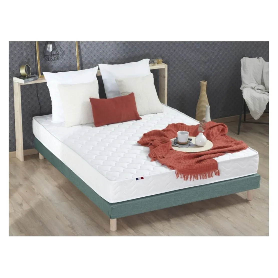SeleniaEnsemble Matelas Ressorts Fermes biconiques SPECTOS + Sommier Made in France - Sommier Vert céladon