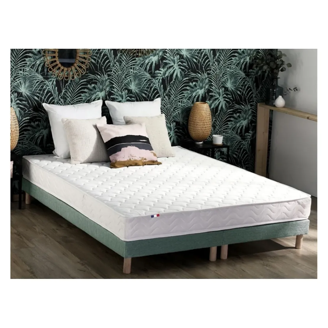 SeleniaEnsemble Matelas Ressorts Fermes biconiques SPECTOS + Sommier Made in France - Sommier Vert céladon