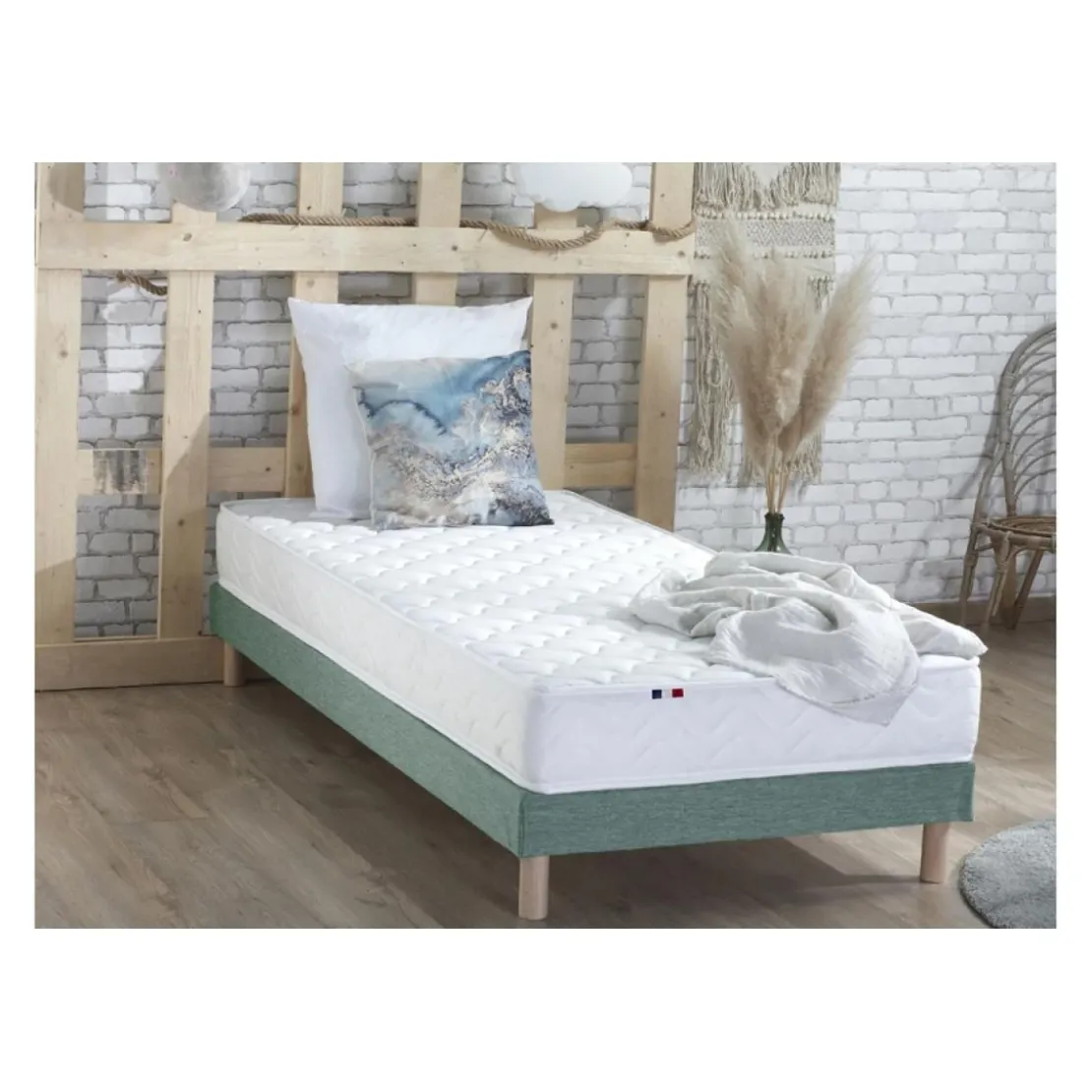 SeleniaEnsemble Matelas Ressorts Fermes biconiques SPECTOS + Sommier Made in France - Sommier Vert céladon