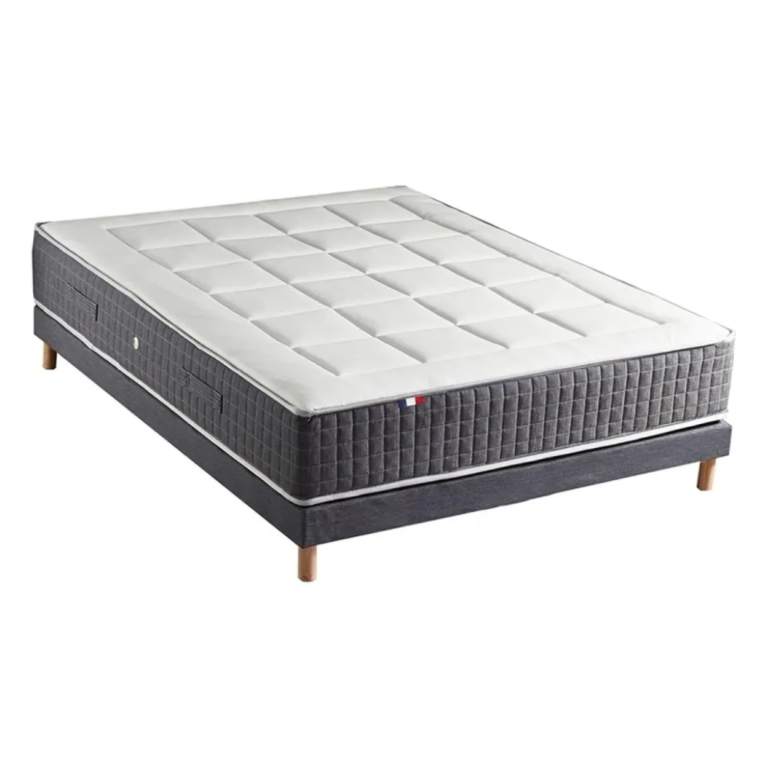 SeleniaEnsemble Matelas Ressort 7 Zones KISTO + Mémoire De Forme + Sommier Bleu Denim LEO Fabriqué En France
