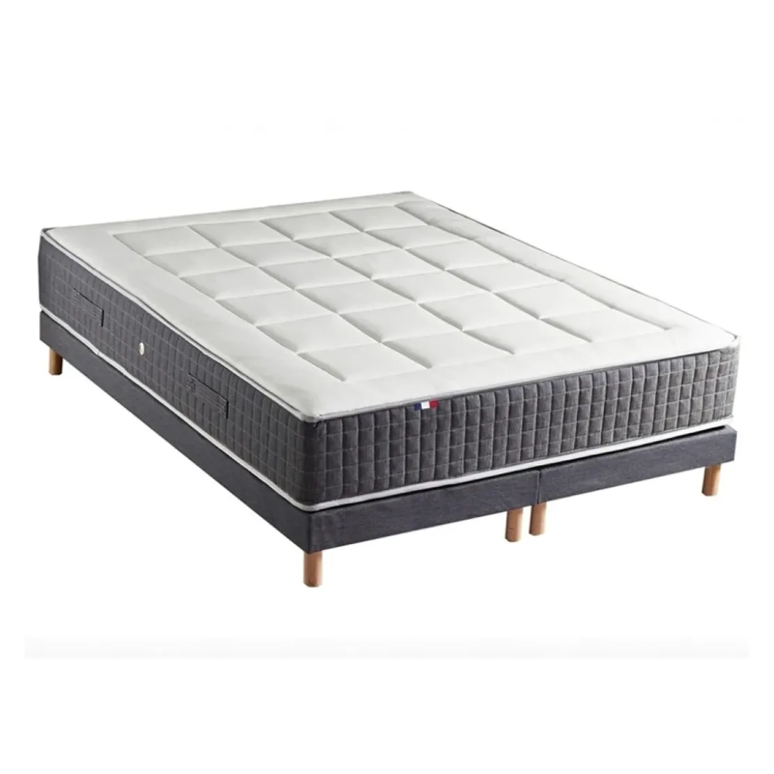 SeleniaEnsemble Matelas Ressort 7 Zones KISTO + Mémoire De Forme + Sommier Bleu Denim LEO Fabriqué En France