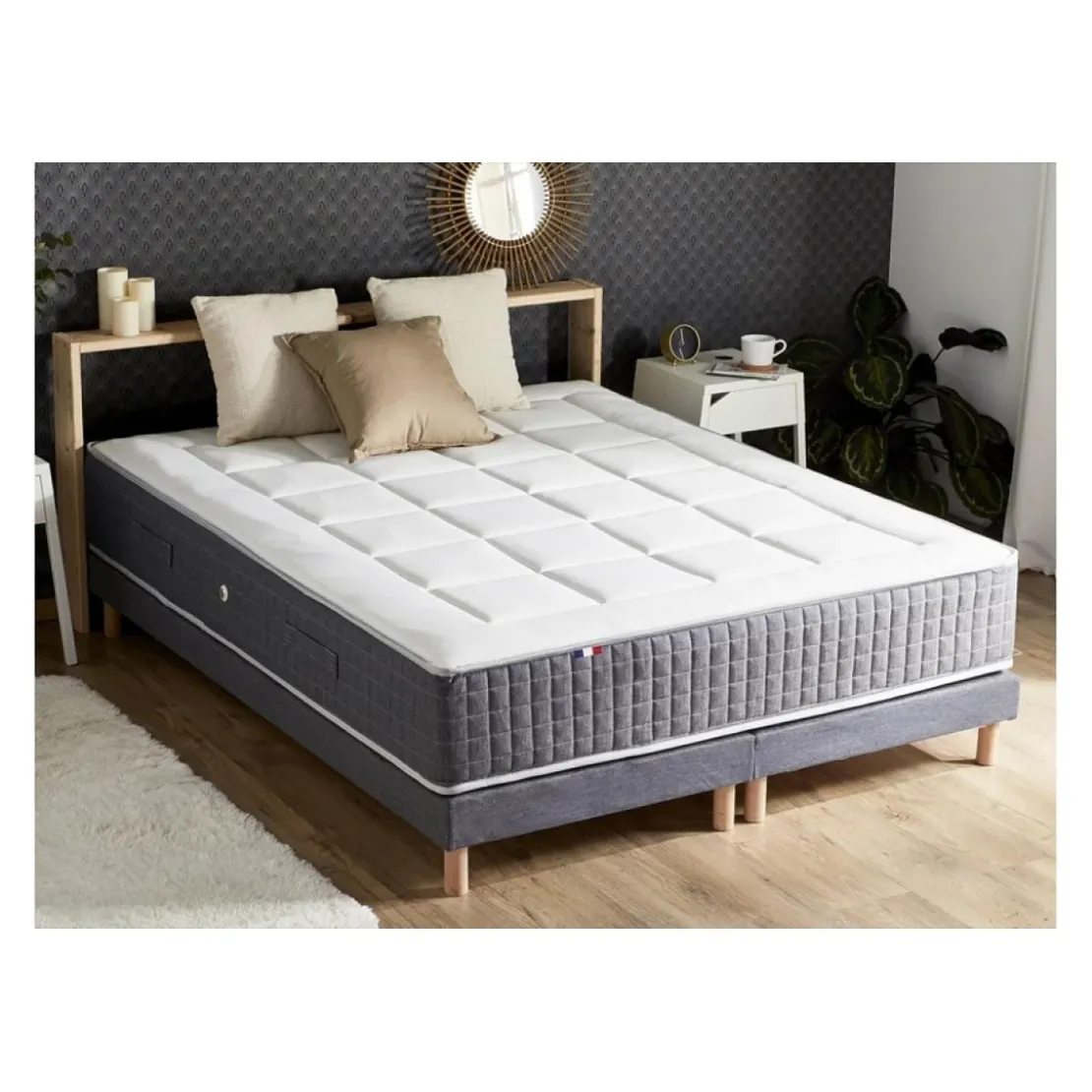 SeleniaEnsemble Matelas Ressort 7 Zones KISTO + Mémoire De Forme + Sommier Bleu Denim LEO Fabriqué En France