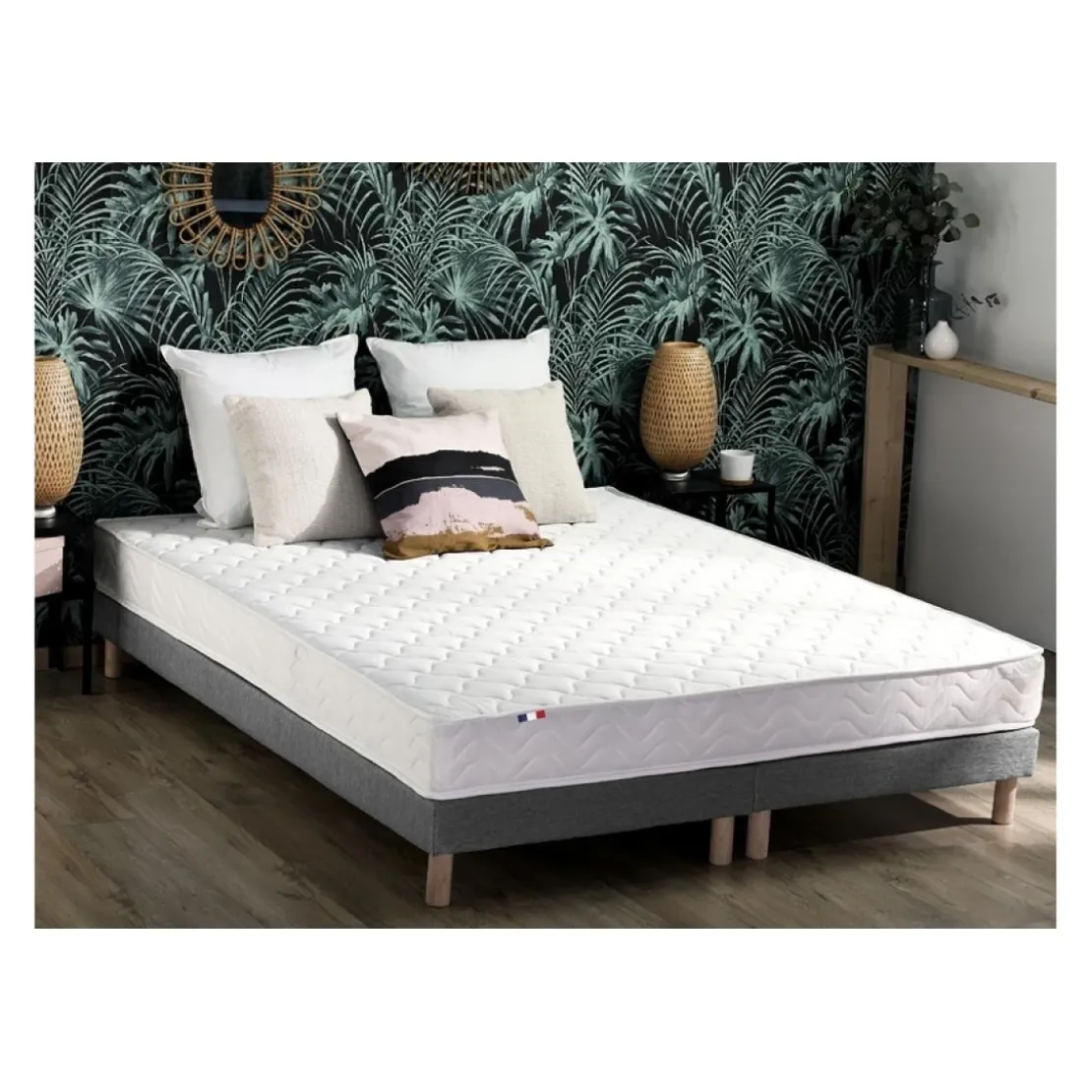 SeleniaEnsemble Matelas Ressorts Fermes biconiques SPECTOS + Sommier Made in France - Sommier Gris chiné