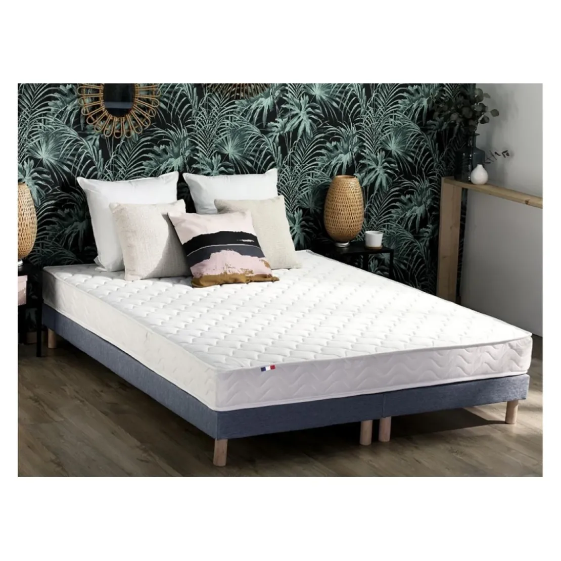 SeleniaEnsemble Matelas Ressorts Fermes biconiques SPECTOS + Sommier Made in France - Sommier Bleu denim