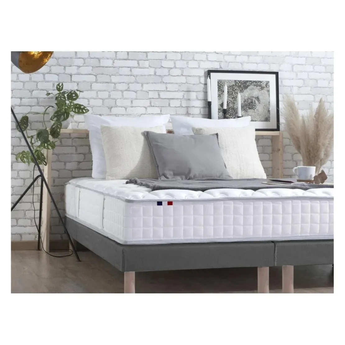 SeleniaEnsemble Matelas Ressorts 7 zones COSMA + Sommier - Made in France - Sommier Gris chiné
