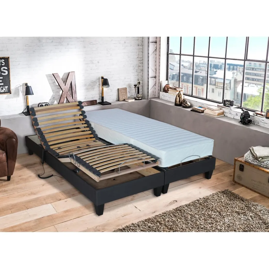 SeleniaLit de Relaxation Matelas Mousse à Mémoire de Forme et Sommier Electrique et 8 Pieds RUHE
