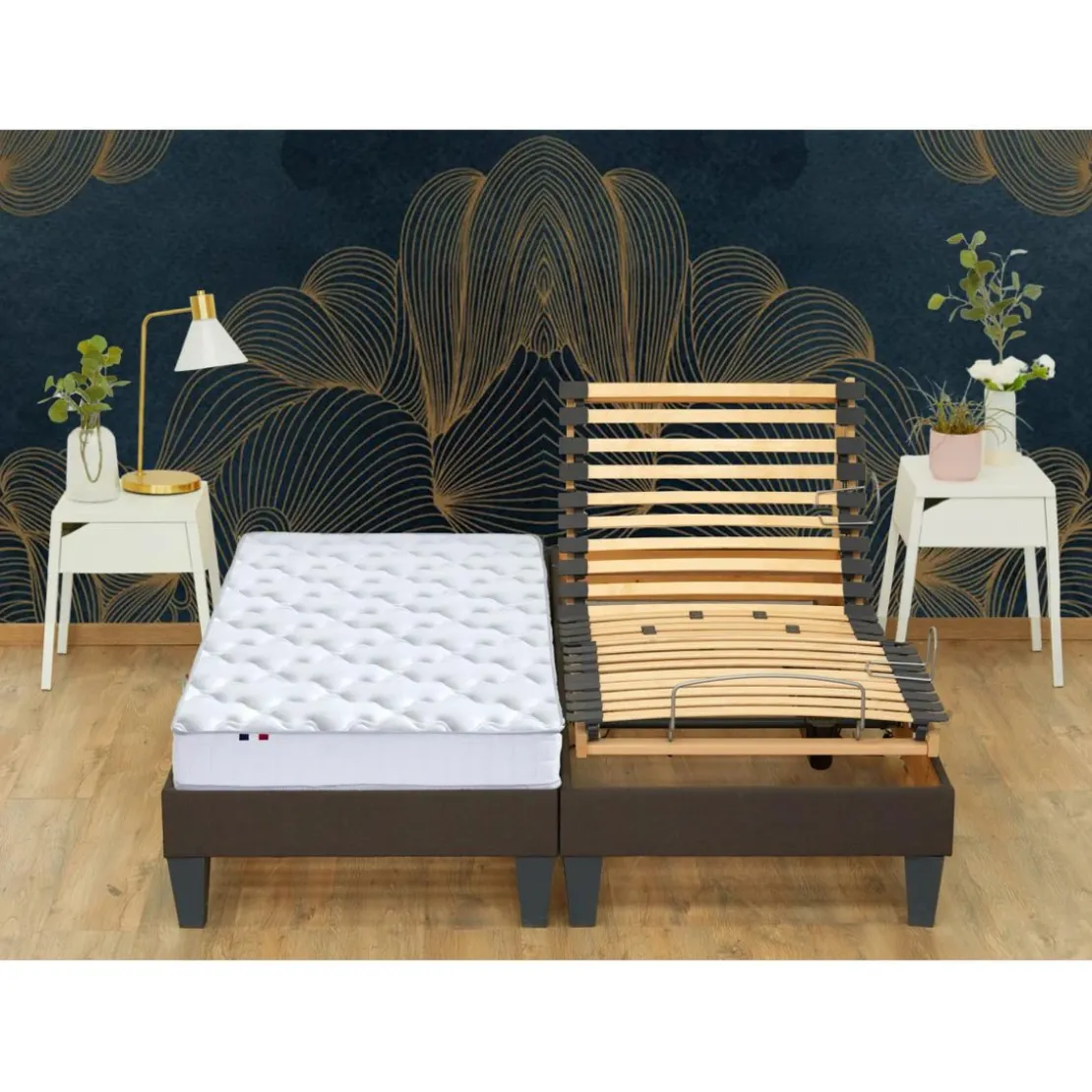 SeleniaLit de Relaxation Matelas Mousse à Mémoire de Forme et Sommier Electrique et 8 Pieds RUHE