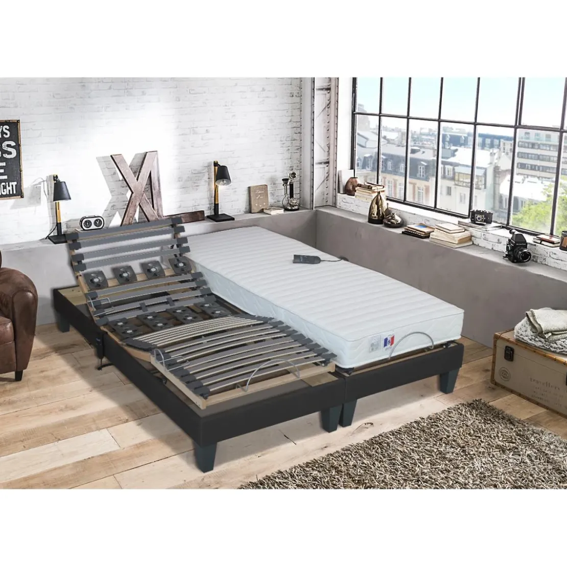 SeleniaLit de Relaxation Matelas Mousse à Mémoire de Forme et Sommier Electrique à Lattes et Plots AINA