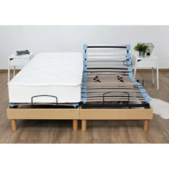 SeleniaLit de Relaxation Matelas Mousse à Mémoire de Forme et Sommier Electrique à Lattes Hêtre RUHE