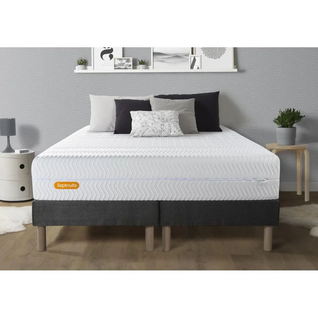SeptnuitsMatelas double sommiers gris Memo Bio Mousse a memoire de forme 5 zones de confort Maxi epaisseur Dehoussable