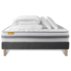 SeptnuitsPack matelas avec sommier gris Memo Spring Ressorts ensaches 3 zones MAXI epaisseur avec Couette et 2 oreillers