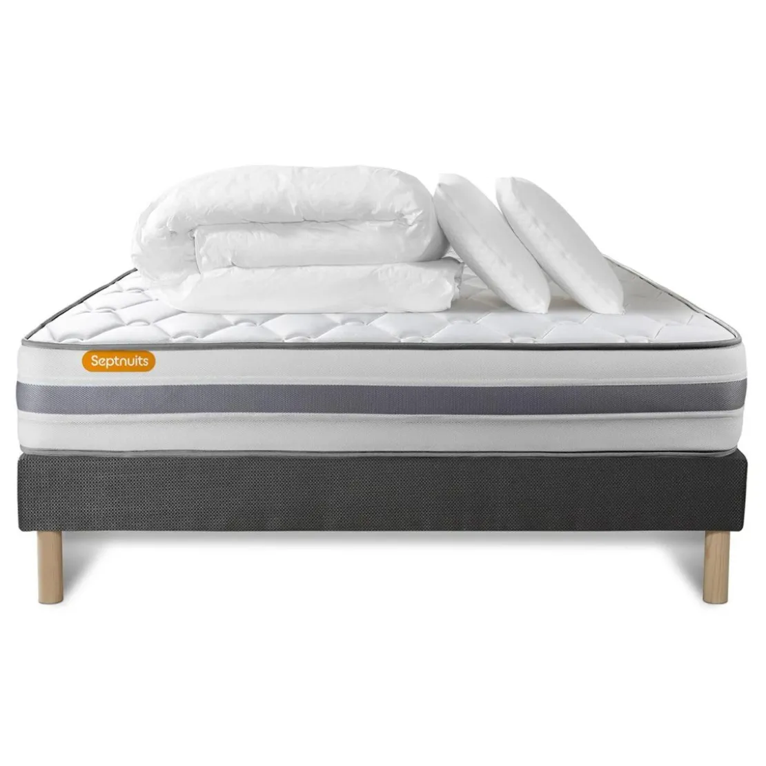 SeptnuitsPack matelas avec sommier gris Memo Spring Ressorts ensaches 3 zones MAXI epaisseur avec Couette et 2 oreillers