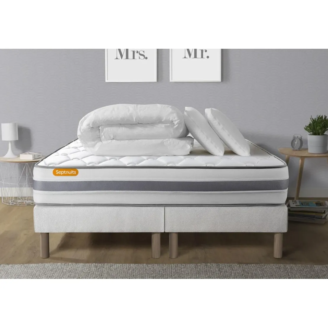 SeptnuitsPack matelas double sommiers Memo Spring Ressorts ensaches 3 zones MAXI epaisseur Couette et 2 oreillers